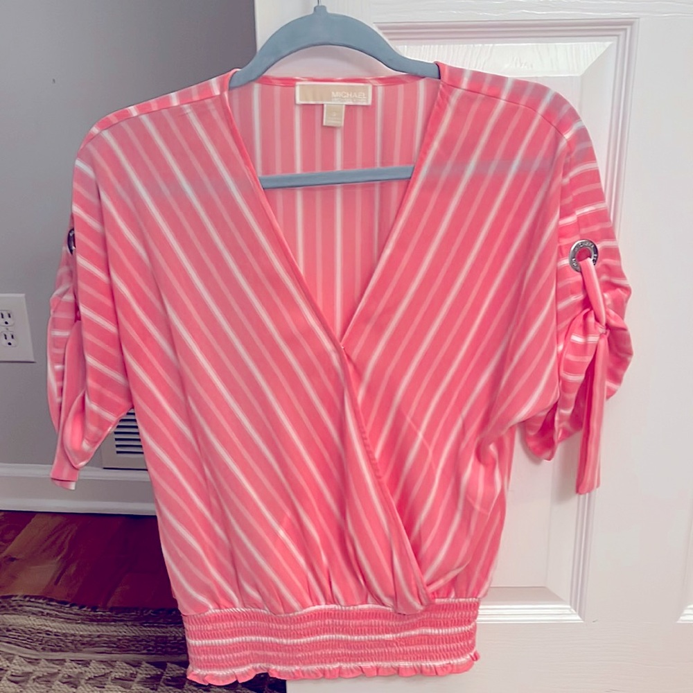 Barbie Pink white striped tie back short sleeve blouse